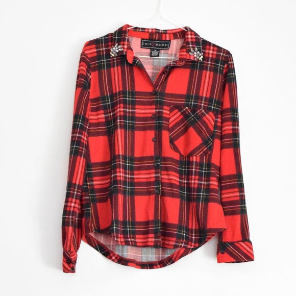 POLLY & ESTHER Red Plaid Button Up Crop Top with Jeweled Collar | Size XS - Picture 2 of 9